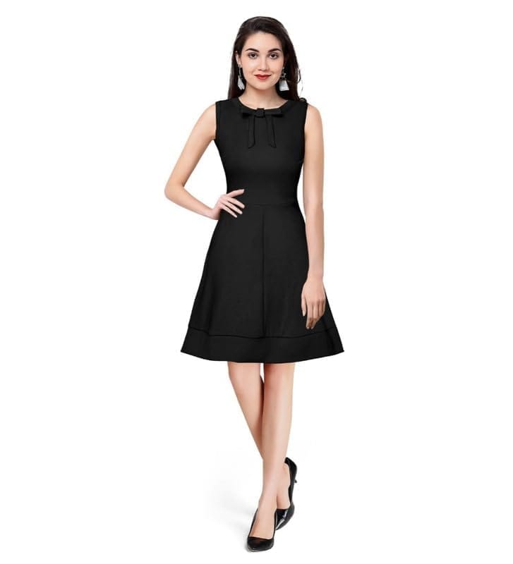 Women's Polyster Solid Round Neck Sleeveless Dresses (Black, L)-PID56828