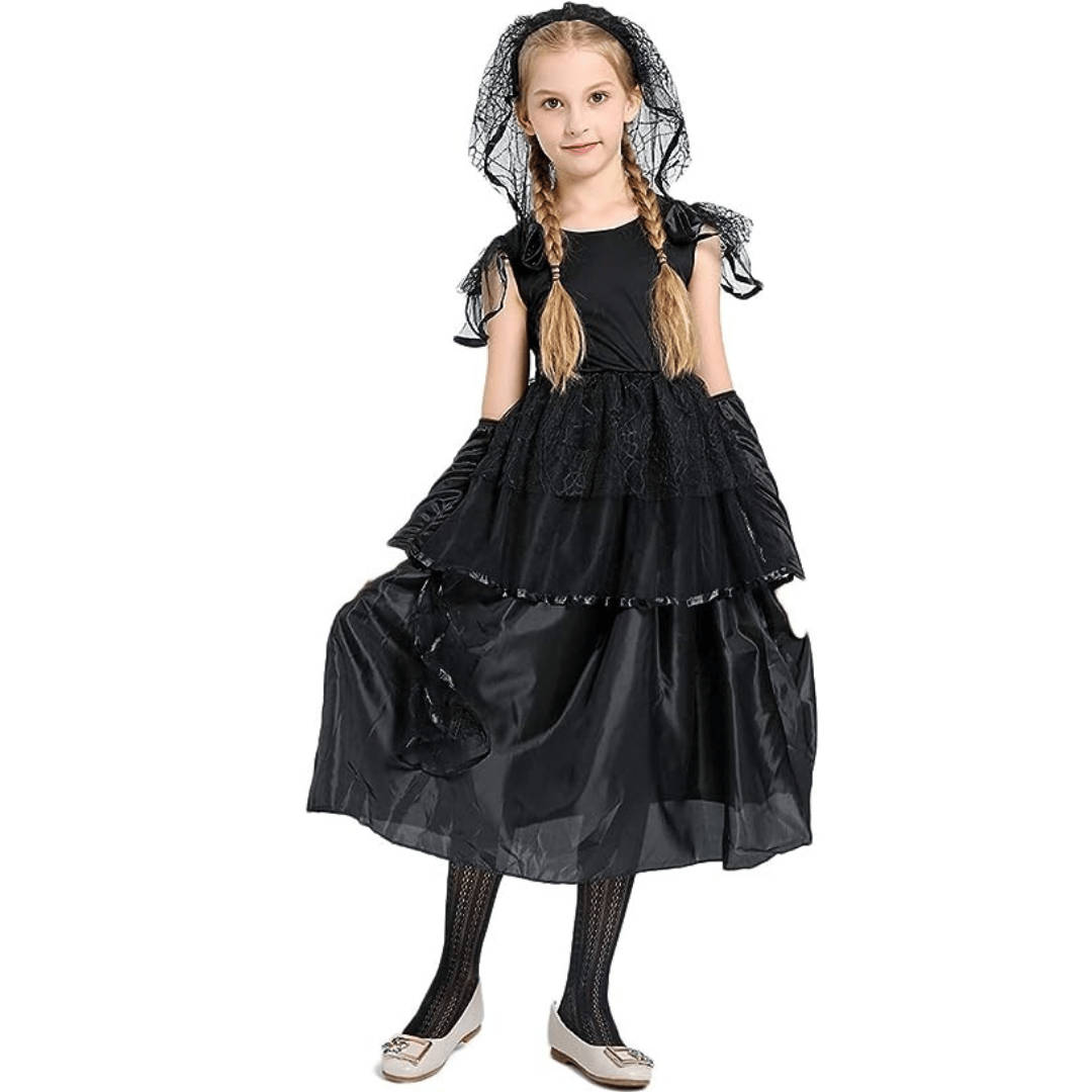 Wicked Witch Costume w/ Veil & Black Tight Pants- Size M - Age - 4-6 Yrs