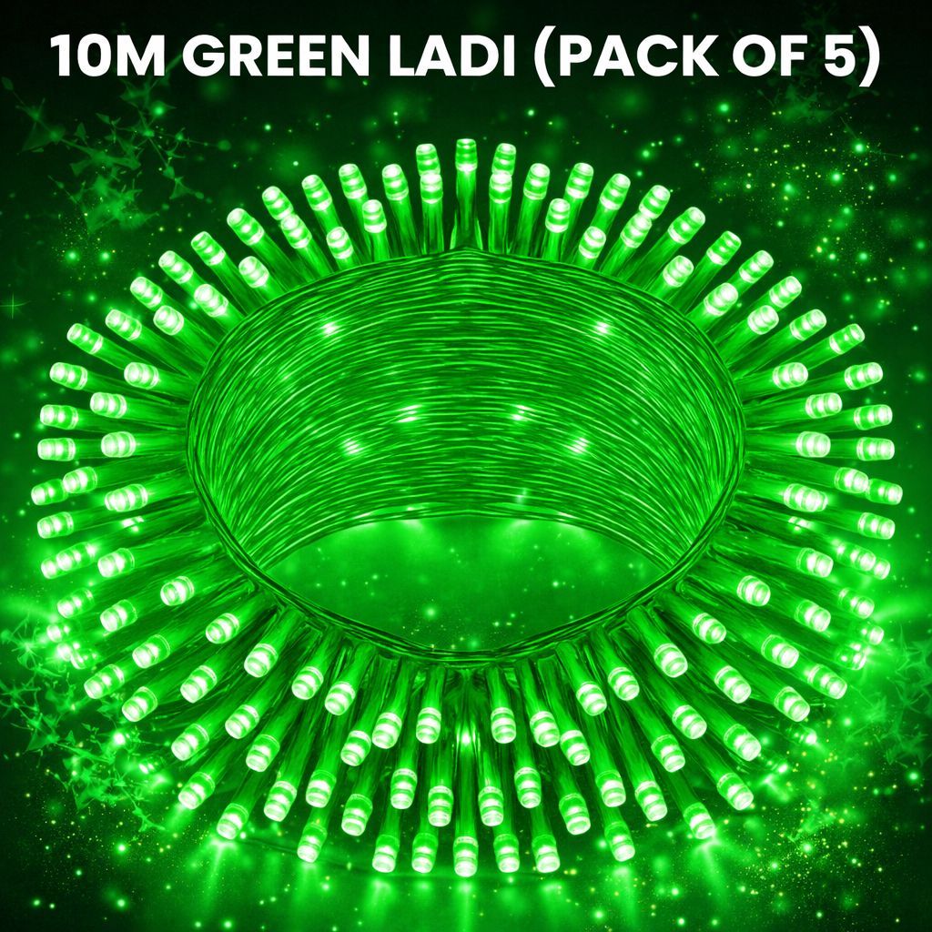SPARKWORLD 10 Meter Green LED Decorative Ladi Lights (Pack of 5) For Home, Diwali, Wedding & Party Decoration with Free Jointer (7+1)