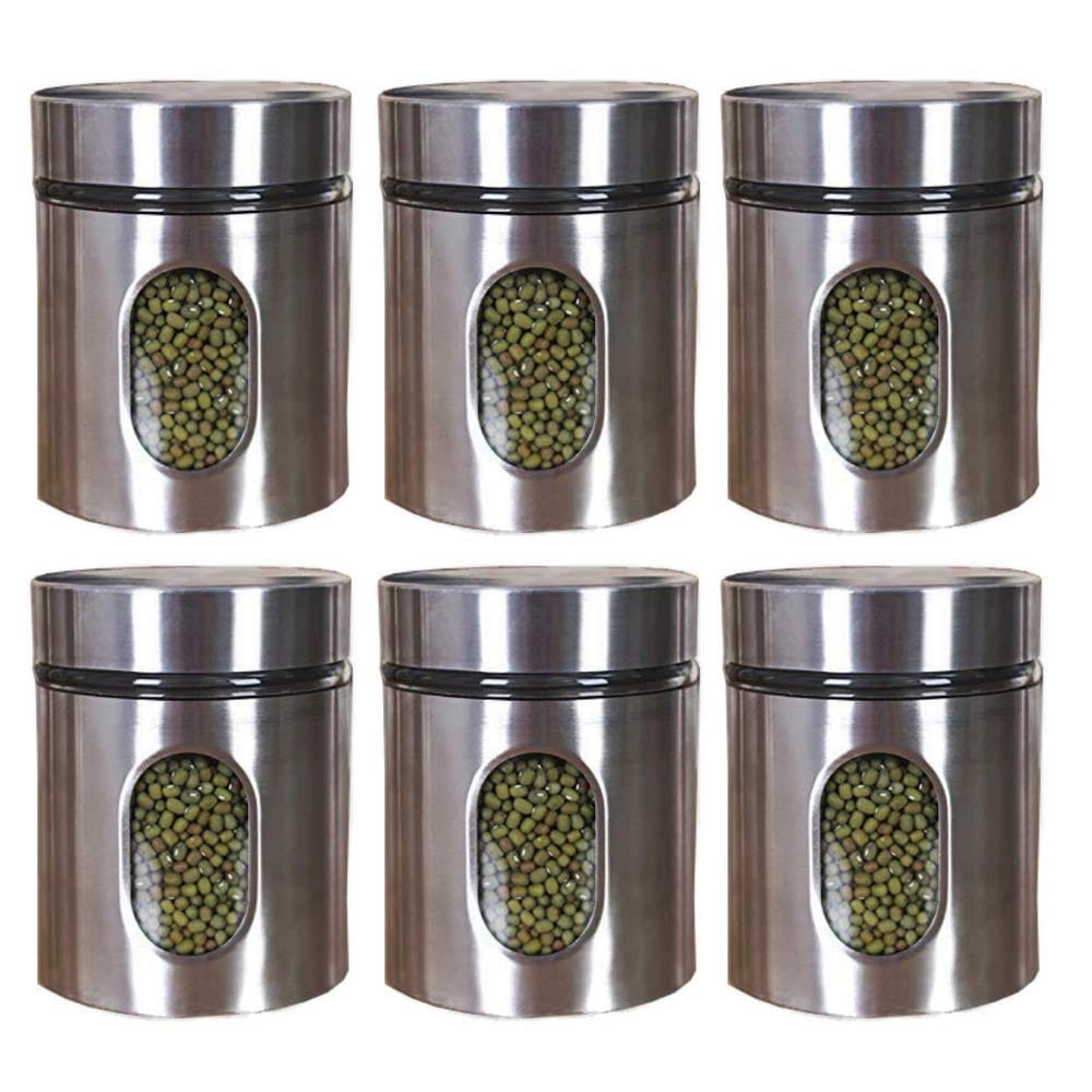 350 ML Clear Glass Steel Window Jars Food Spices Canister for Kitchen tools out layer steel food storage jar (pack of 6)