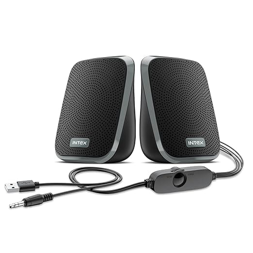 Intex IT-120 2.0 Channel Desktop Speaker with 10W Powerful Sound, USB Powered, 3.5mm Jack, in-Line Volume Control, Loud & Compact Design, Portable for Laptop, Computer, Mobile Grey