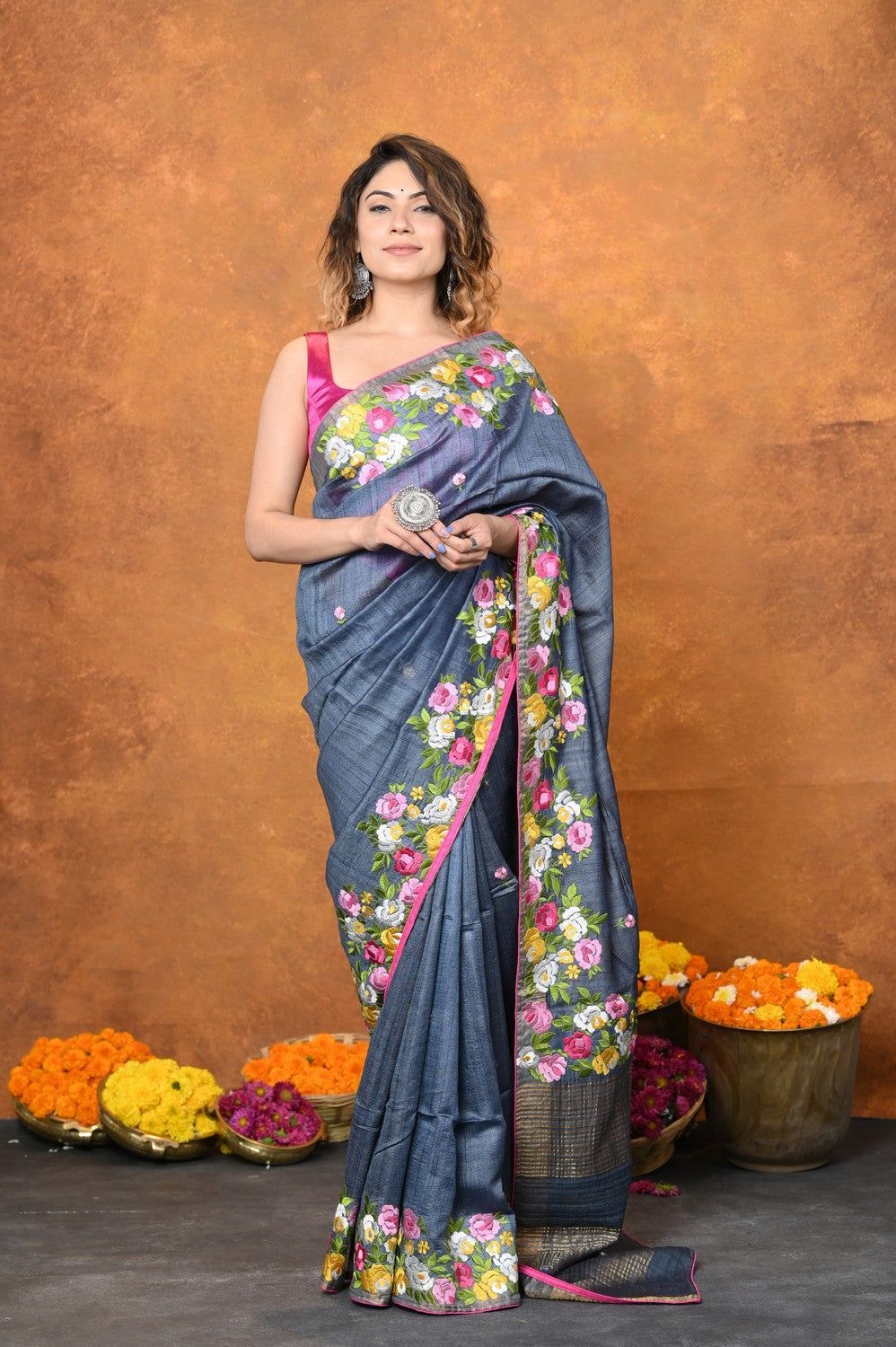 Designed By VMI~ Handloom Pure Tussar Silk Saree With Beautiful Floral Embroidery ~Grey