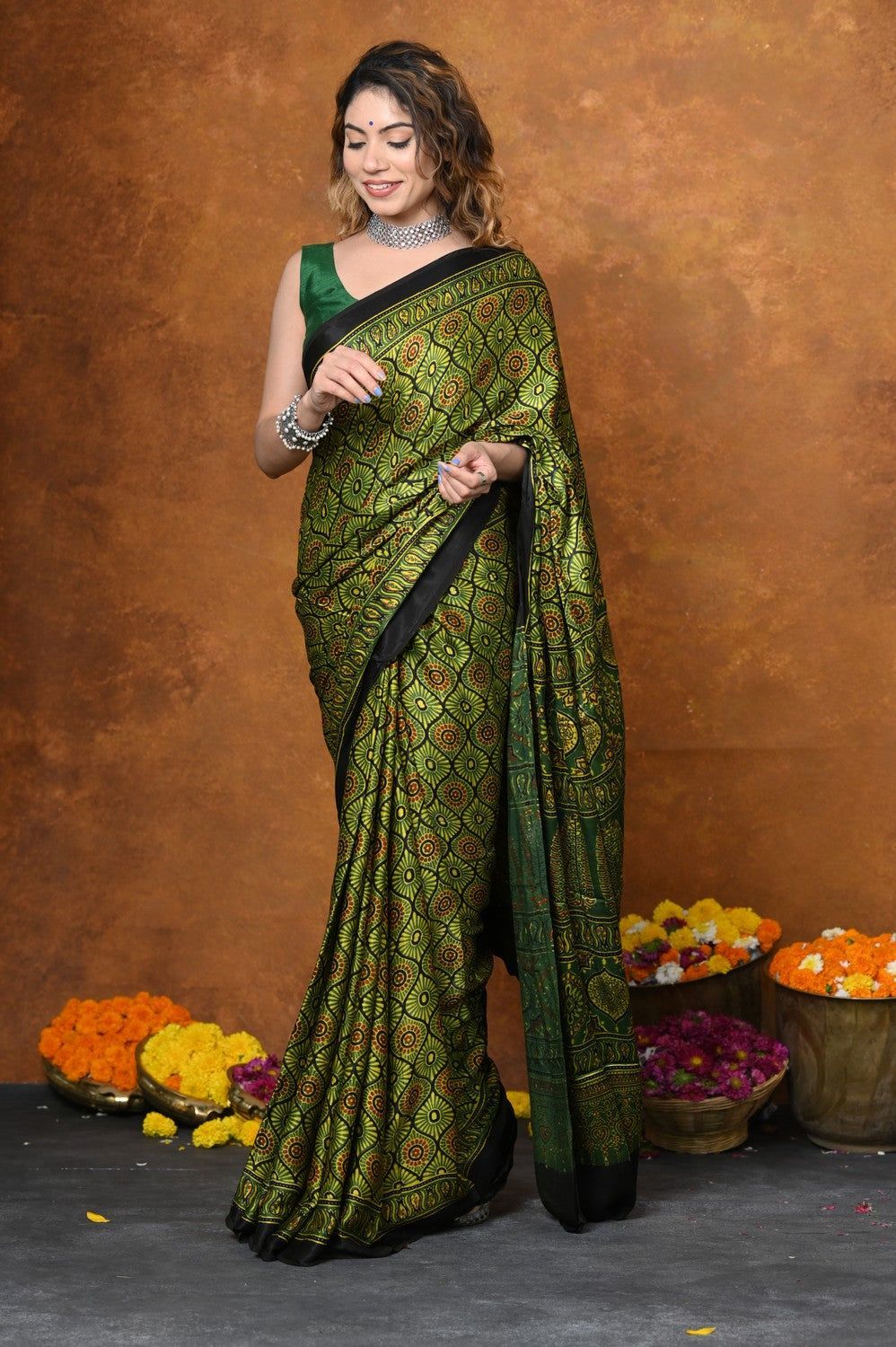 Handloom Modal Silk Saree With Ajrakh Handblock Print With Eco-Friendly Vegetable Dye~ Green