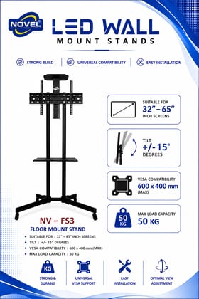 NOVEL Heavy-Duty Floor Mount TV Stand | 32–65 Inch | ±15° Tilt | VESA 600×400 mm | 50 kg Load Capacity