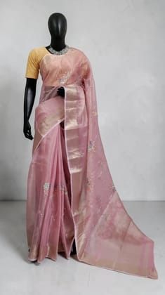 Handwoven Kota Doria Saree in Onion Pink with Block Print and Zari Border Handwoven Kota Doria Saree in Onion Pink with Block Print and Zari Border