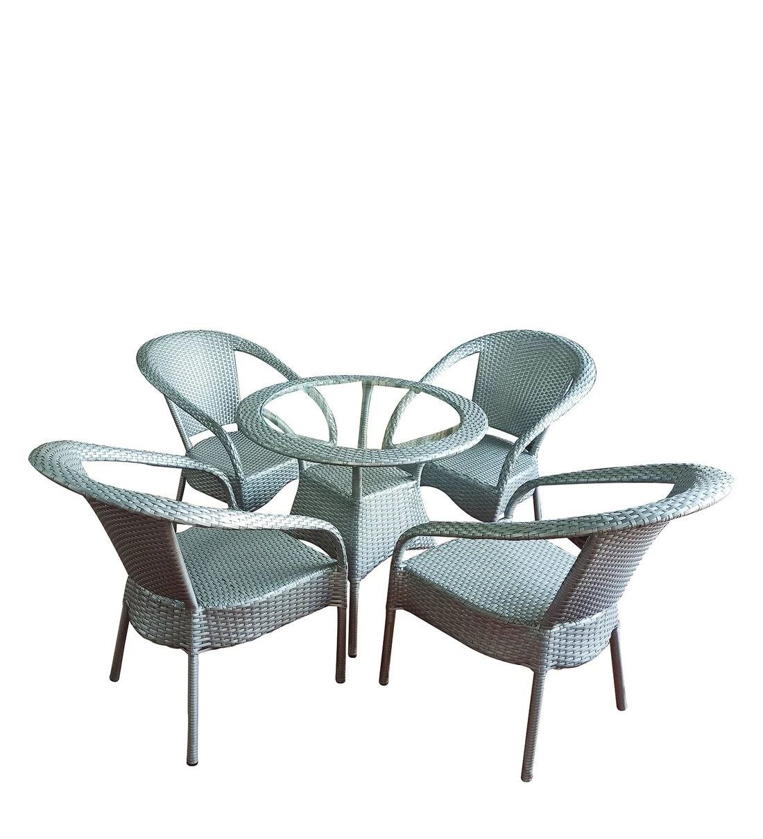 Wicker Outdoor Seating Set 4 Chairs And 1 Table Set For Garden and Living Room (Silver)