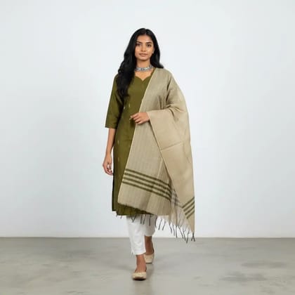 Mangalagiri Raw Silk Kurti with Zari-Check Dupatta in Olive Green and Beige Mangalagiri Raw Silk Kurti with Zari-Check Dupatta in Olive Green and Beige