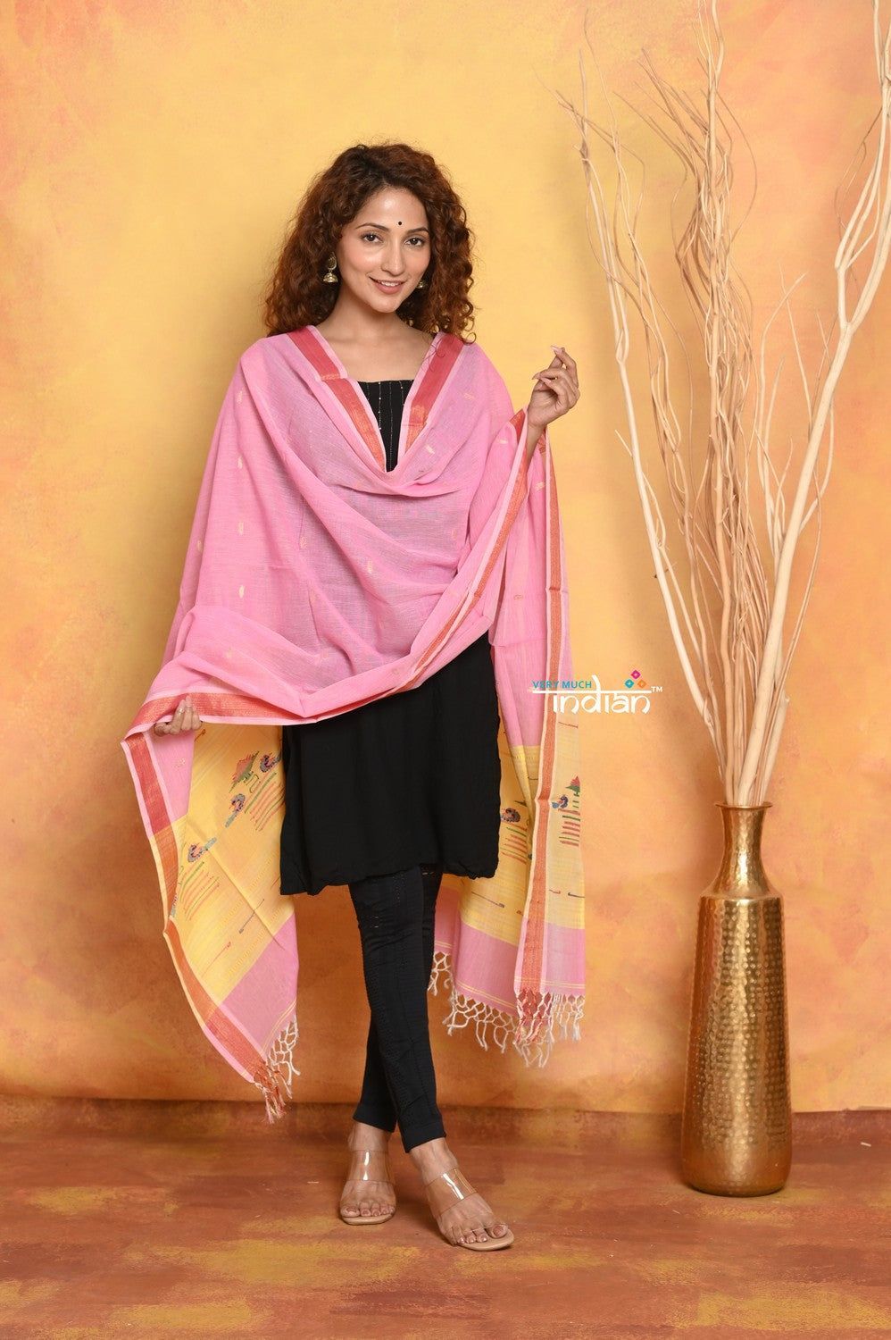 Mastaani ~ Handloom Pure Cotton Paithani Dupatta With Beautiful Handweave and Tassels ~ Pink