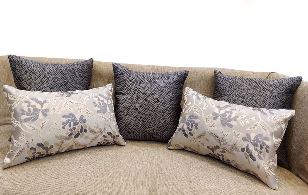 Silver Damask / Self Design / Woven Floral Motifs Zipper Square Rectangle Combo Cushion Covers (16x16 inch or 30 x 45 cm) Set of 5