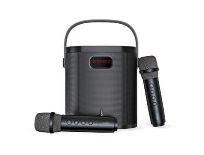 FINGERS 2Mic-GrooveBox Portable Speaker with 2 Wireless Mics (6.5-Hour Playback, 20 W Intense Bass, Recording Feature, Bluetooth | USB | MicroSD | FM Radio | AUX) Rich Black