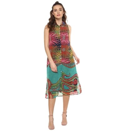 Women's Polyester Floral Sleeveless Below Knee Dress (Multicolor, M)-PID55732