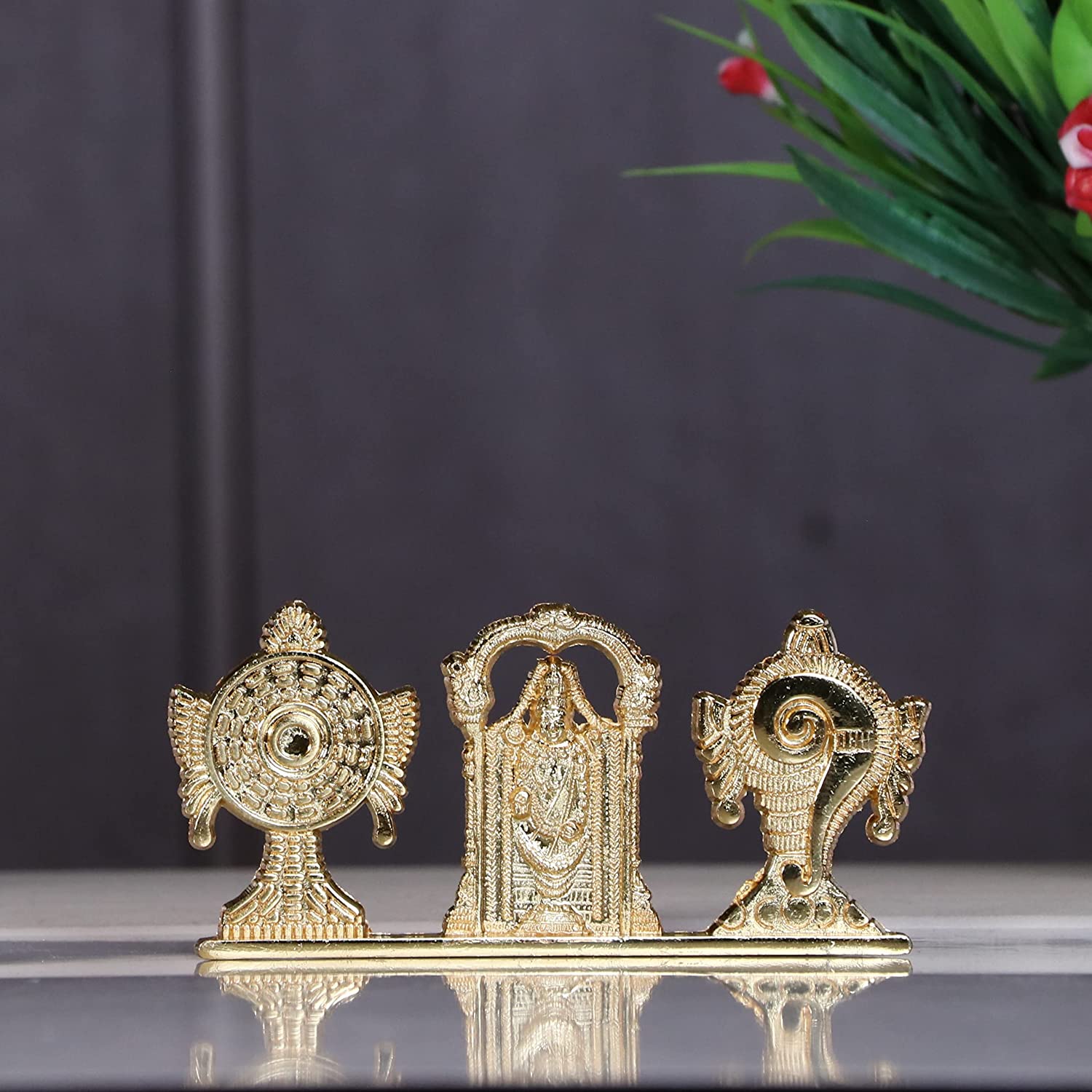 DreamKraft Tirupati Balaji Symbol Stand Shankh Chakra with Balaji Statue Gold Plating Antique