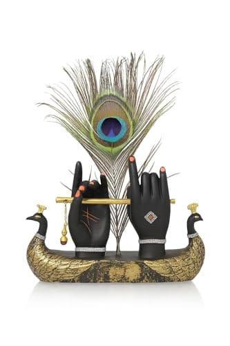 Decorative Krishna Hand Showpiece with Metal Flute and Peacock Feather for Home Decor Living Room and Pooja Room