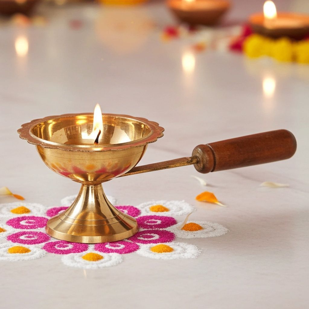 Brass Table Decor Oil Lamp Deepak With Wooden Handle  - Puja Diya for Temple, Height : 2.7 Inch (FMAS627 E)