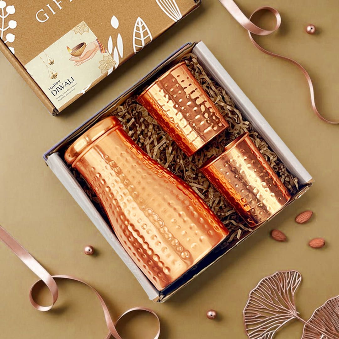 Diwali Hamper with Copper Water Pot, 2 Glasses & Greeting Card