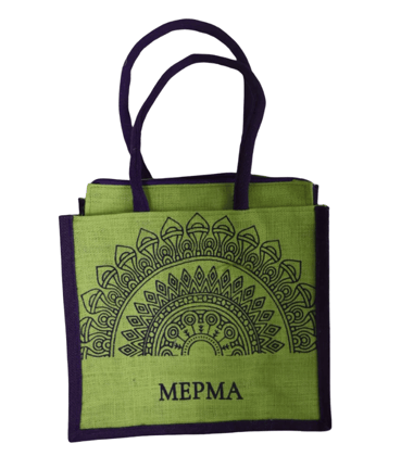 Green Jute Bag with Purple Accents and Unique Design