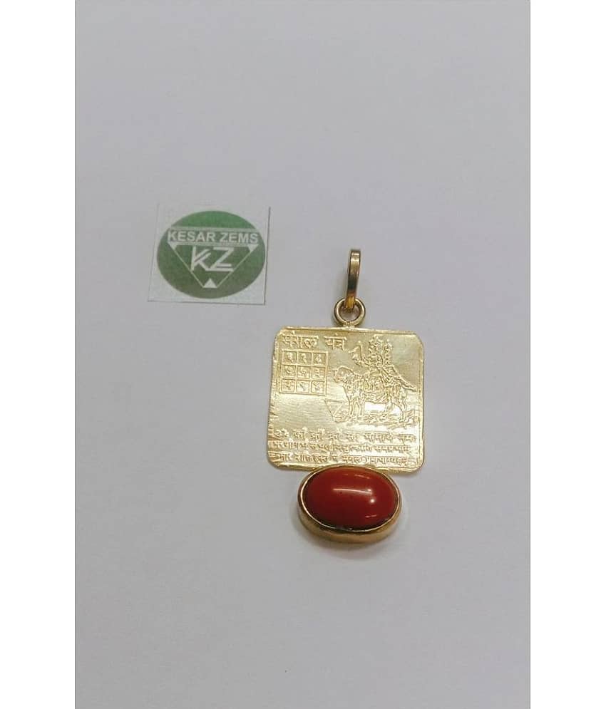 KEASR ZEMS Shri Yantra Pendant -Mangal With Red Color Stone for Unisex(3.5x2.5x0.5)Golden