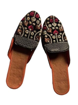 TULIP Traditional Artisians' Upliftment Livelihood Program Jaipuri chappal with Embroidered Floral Slip-On Sandals, Black, Golden with Orange and Red brown flower Thread Work, Flat Mules, Brown Sole
