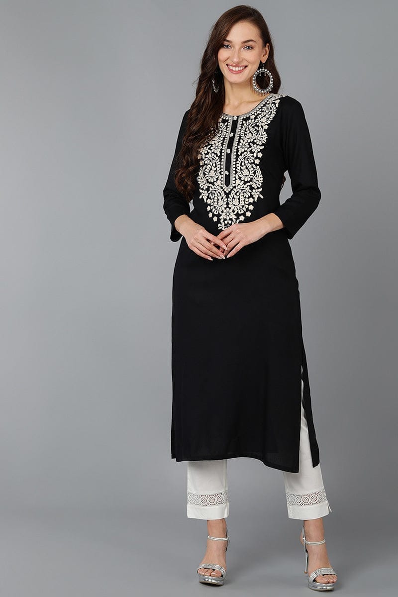 Black Viscose Rayon Solid Embroidered Straight Kurta VCK9064