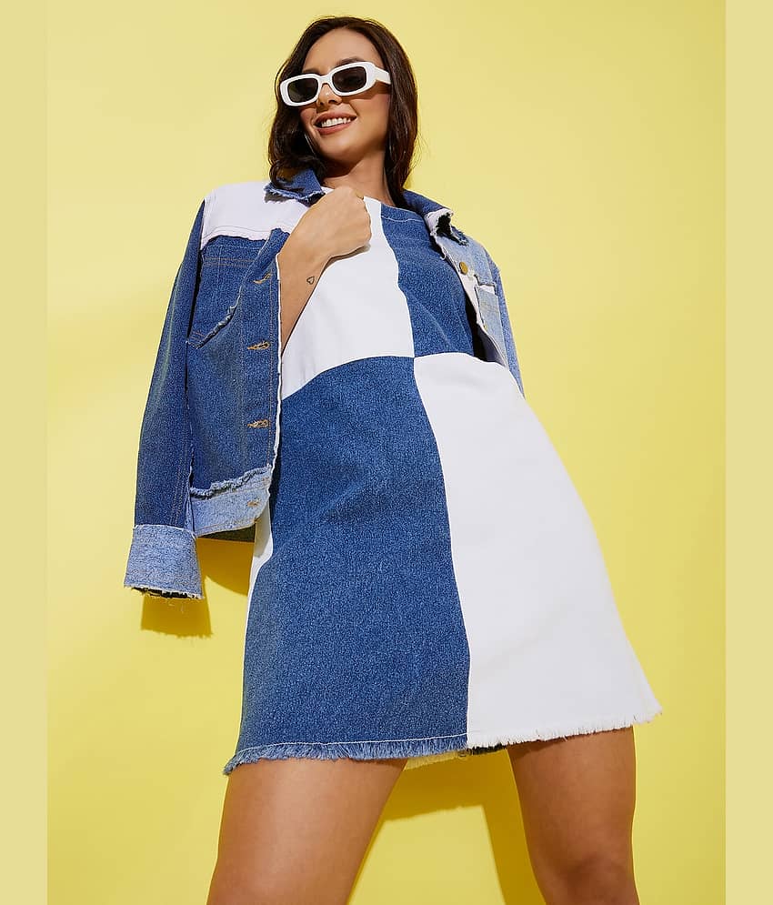 StyleStone Women Denim Colorblock Shift Dress ( Blue )