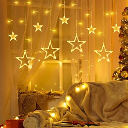Star Curtain Light | 6 Big Star 6 Small Star Light | with 8 Flashing Modes | 12 Stars | Warm White | for Indoor & Outdoor Decorations