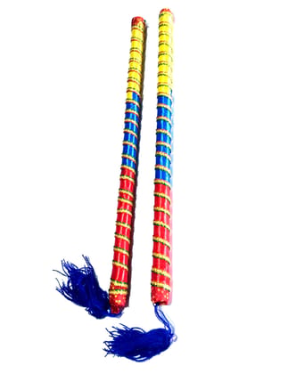 Nawani Navratri dandiya Specially Material of dandiya is Wooden, Decorated with Multi Color shatan Ribbon (1 Pair) Size- 38 cm Nawani Navratri dandiya Specially Material of dandiya is Wooden, Decorated with Multi Color shatan Ribbon (1 Pair) Size- 38 cm