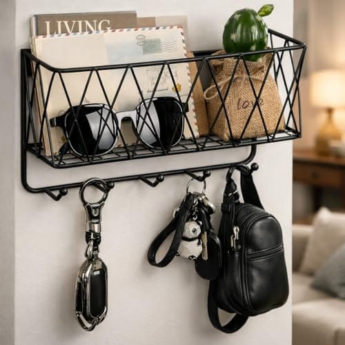 Metal Key Holder with Mobile Stand for Home Decor | Wall Mount Organiser with Shelf & Hooks | Modern Entryway