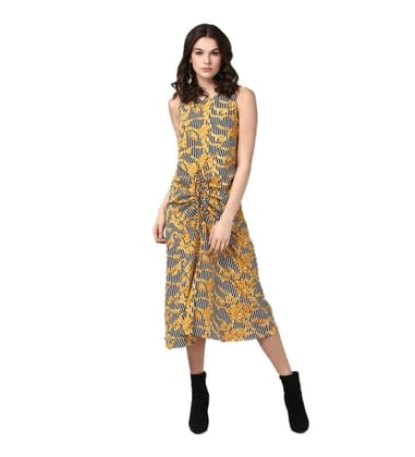 Women's Polyester Chain Print Sleeveless Below Knee Dress (Yellow - Black, S)-PID55760