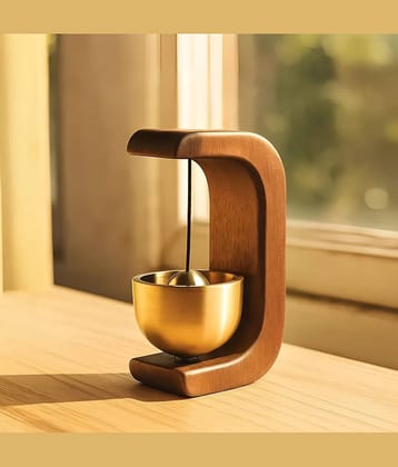 Dust N Shine Wooden Table Bell with Golden Bowl Meditation, Yoga, Sound Therapy Decorative Desk Gong (pack of 1)