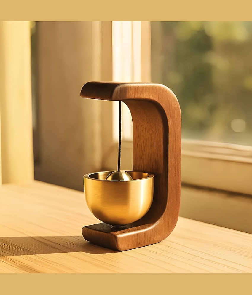 Dust N Shine Wooden Table Bell with Golden Bowl Meditation, Yoga, Sound Therapy Decorative Desk Gong (pack of 1)