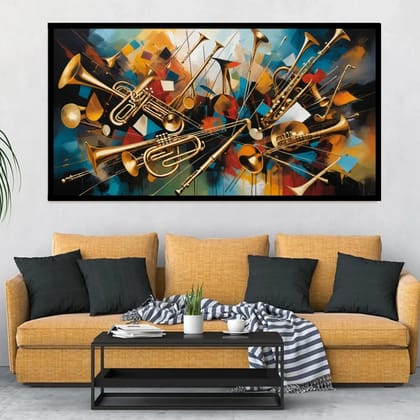 Luminary Brass Rhapsody – Jazz Explosion Museum-Quality Cotton Canvas Painting for Home Décor | Frame Size (127 X 69 Cm) | Frame Type (Black) | 5-Year Warranty