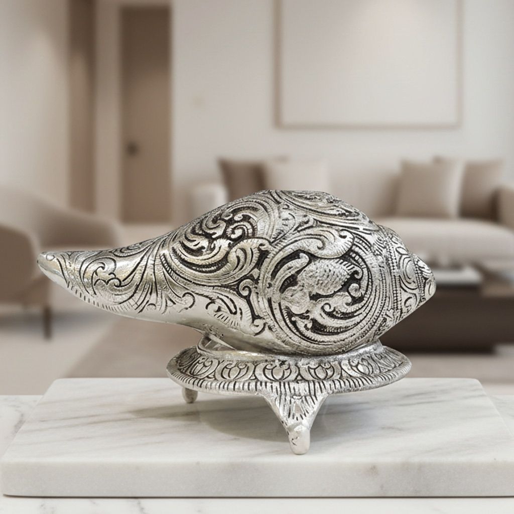 Aluminium Shankh with Stand | Religious Decor Showpiece, Height : 1.2 Inch (ASMAS342 S)