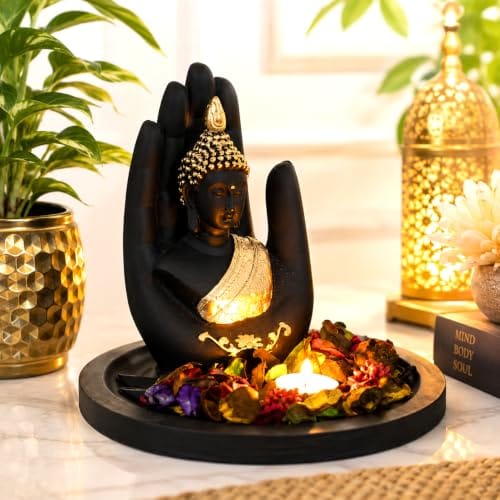 Resin Palm Buddha Statue Potpourri Tea Light Holder| Lord Buddha Statue for Living Room| Gautam Buddha Idol for
