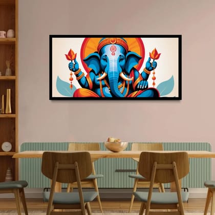 Luminary Lotus Guardian – Majestic Blue Ganesha Museum-Quality Cotton Canvas Art for Modern Décor | Frame Size (127 X 69 Cm) | Frame Type (Black) | 5-Year Warranty
