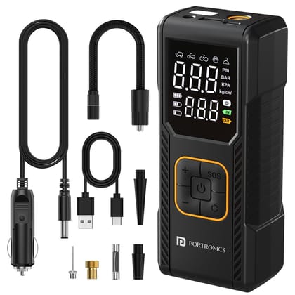 Portronics Vayu 9.0 Portable & Rechargeable Tyre Inflator, Type-C Fast Charging, LED Display, Auto Shut-Off, For Car, Bike & Sports Balls