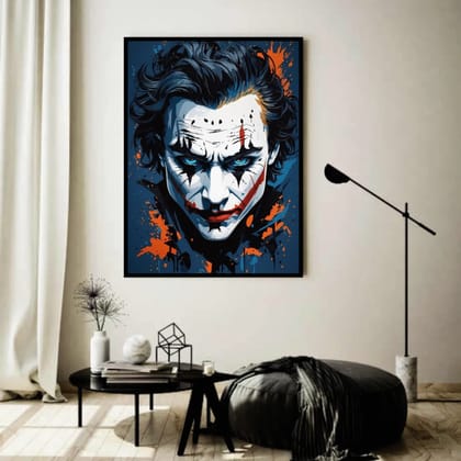 Luminary Chaos Stare – Dark Joker Portrait Museum-Quality Cotton Canvas Art for Gaming Room Décor | Frame Size (69 X 97 Cm) | Frame Type (Black) | 5-Year Warranty