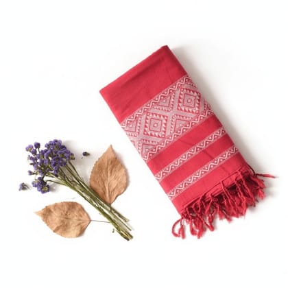 Red Geometric Embroidered Cotton Dupatta with Tassels