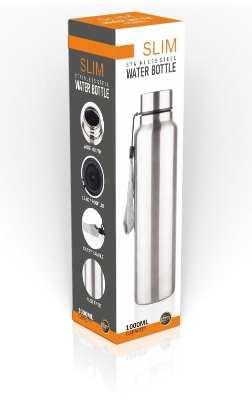 Denzcart Stainless Steel Water Bottle 1000ml | Slim Wide Mouth Bottle with Carry Handle