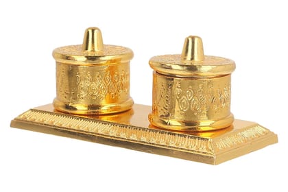 DreamKraft Metal Golden Finish Chandan Roli Chopda Kumkum Dani Box, Gold, Standard, Oval