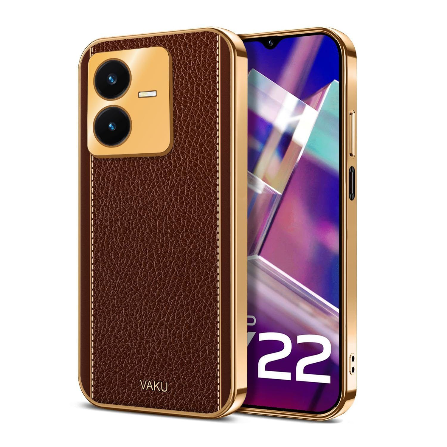 Vaku Luxos Luxemberg Back Cover for Vivo Y22 with Leather Pattern Gold Electroplated Soft TPU Cover Shockproof Protective Case - Brown