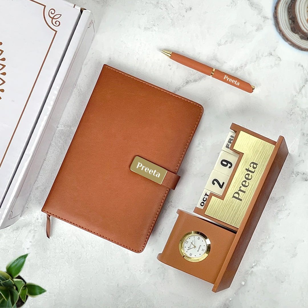 Personalized Gifts : Leather Diary, Pen & Desk Organizer Golden Set