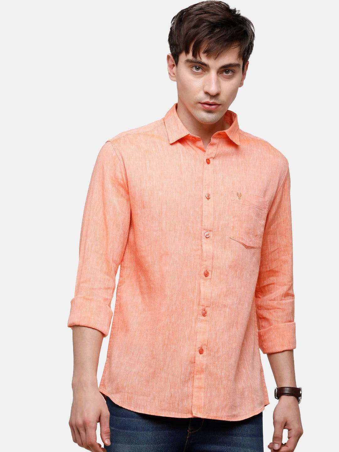Classic Polo Mens Linen Cotton Solid Woven Shirt - Porsh-Orange FS