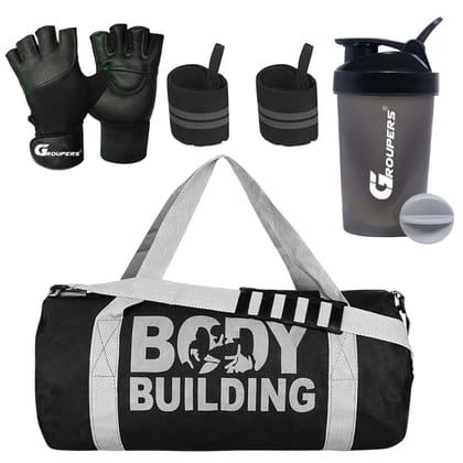 GROUPERS Duffle Canvas Bag with Shaker Bottle-400ml, Wrist Band & Glovesl (Black) GROUPERS Duffle Canvas Bag with Shaker Bottle-400ml, Wrist Band & Glovesl (Black)