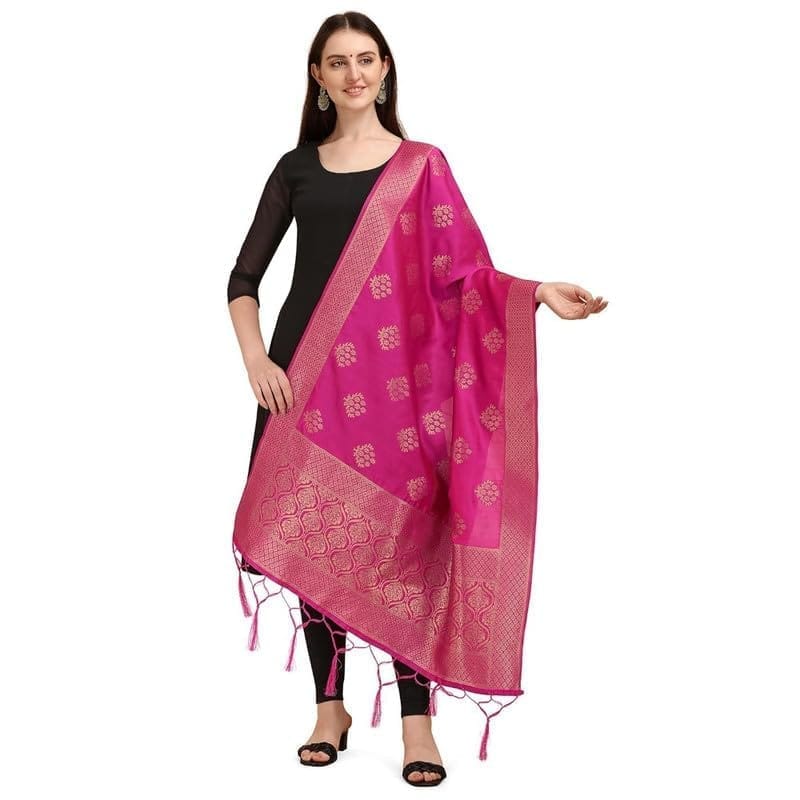 Women's Silk Pure Zari weaving Duppatta (Pink, Leangth: 2-2.3 Mtrs)-PID44911