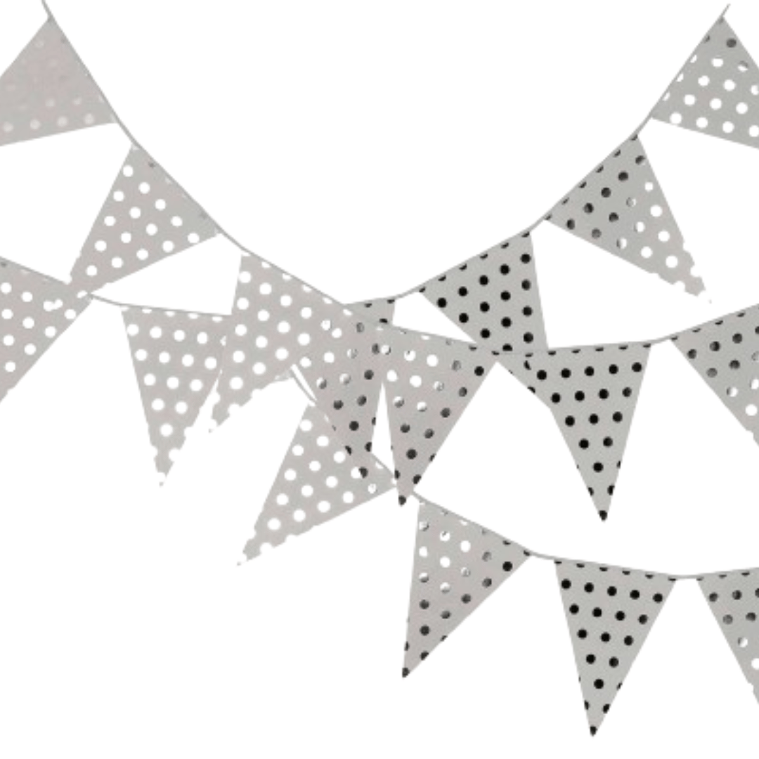 Triangular Buntings Banner White with Silver Polka Dots - Over 9 FT - 1PC