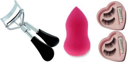 Elecsera Combo of Eyelash Curler,Beauty Blender and False Eyelashes (Pack of 2) for Women (Set of 4) (4 Items in the set)