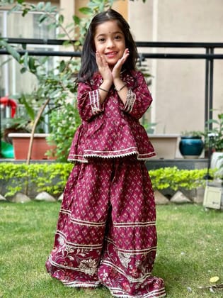 Kabir Kids Fashion Girls Maroon Printed Peplum Top and Sharara Set Festive Ethnic Wear