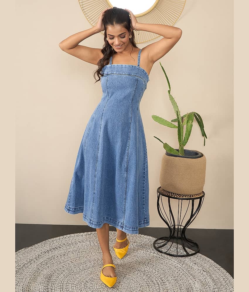 StyleStone Women Denim Solid Fit & Flare Dress ( Blue )