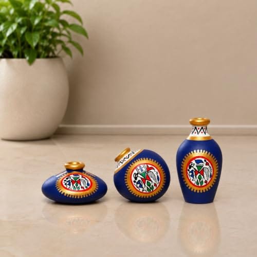 ExclusiveLane 'Warli Handpainted' Terracotta Pots Mini Vases for Living Room (Blue, Set of 3, 5-9 Cm)|Home