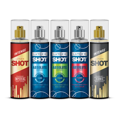 LAYER'R SHOT Body Spray Combo for Men, 50ml Pack of 5 | Craze, Game, Power, Iconic & Imperial | Long-Lasting Deodorant Set with Bold, Fresh, Warm & Spicy Fragrance | Perfect All Day Freshness & Every Occasion LAYER'R SHOT Body Spray Combo for Men, 50ml Pack of 5 | Craze, Game, Power, Iconic & Imperial | Long-Lasting Deodorant Set with Bold, Fresh, Warm & Spicy Fragrance | Perfect All Day Freshness & Every Occasion
